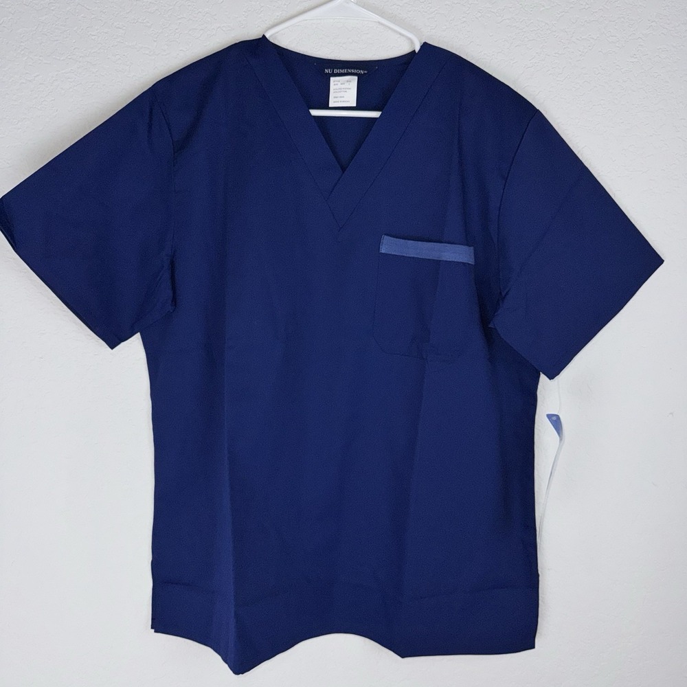 Nu Dimension Navy Blue Scrub Top Size L Classic Fit V Neck Medical Uniform 5040